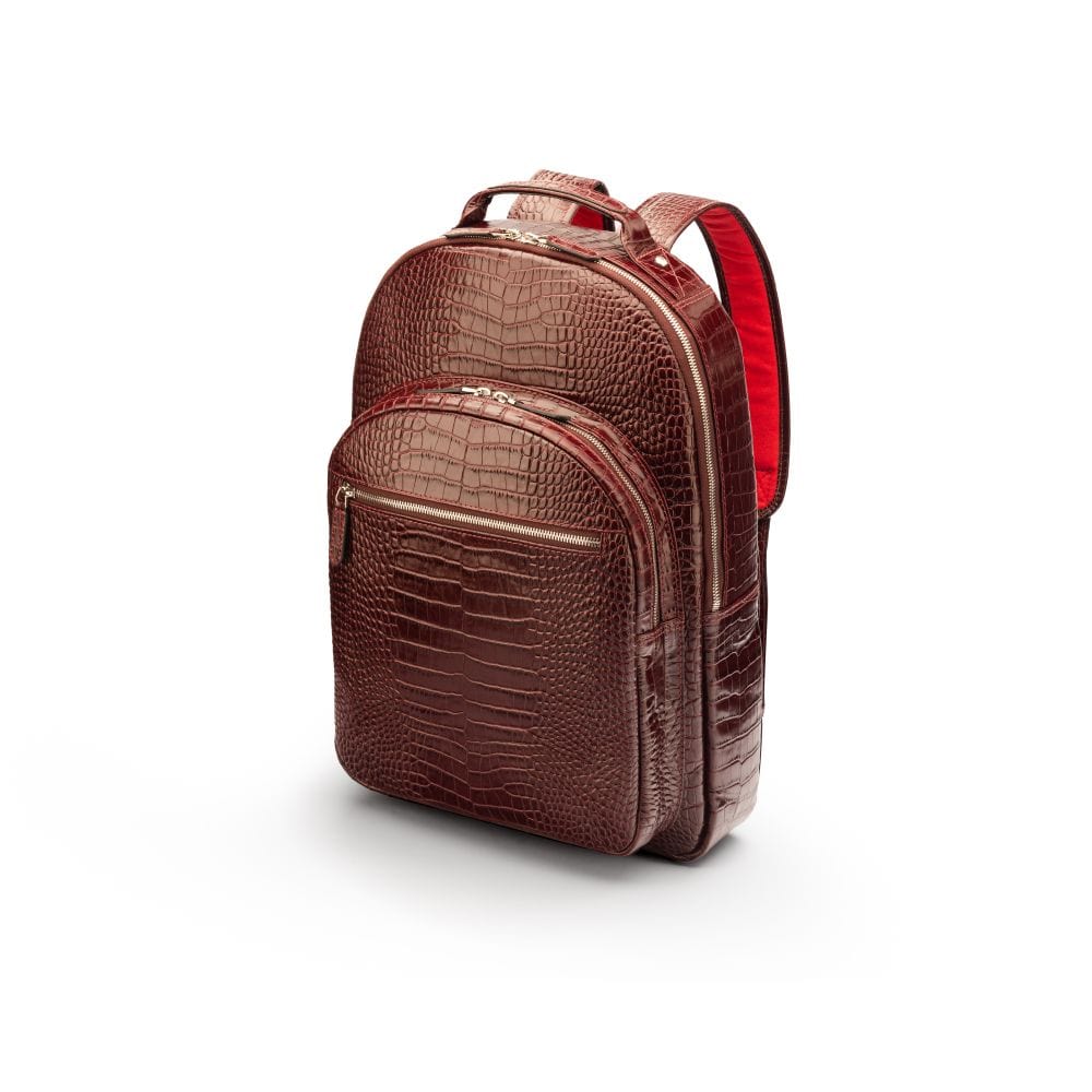 Men's leather 15" laptop backpack, burgundy croc, side