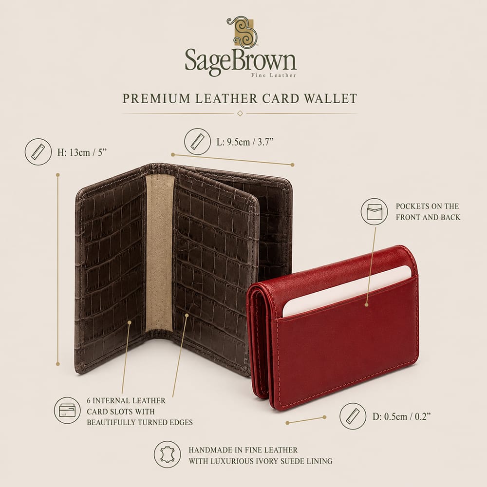 Leather bifold card wallet, features and measurements