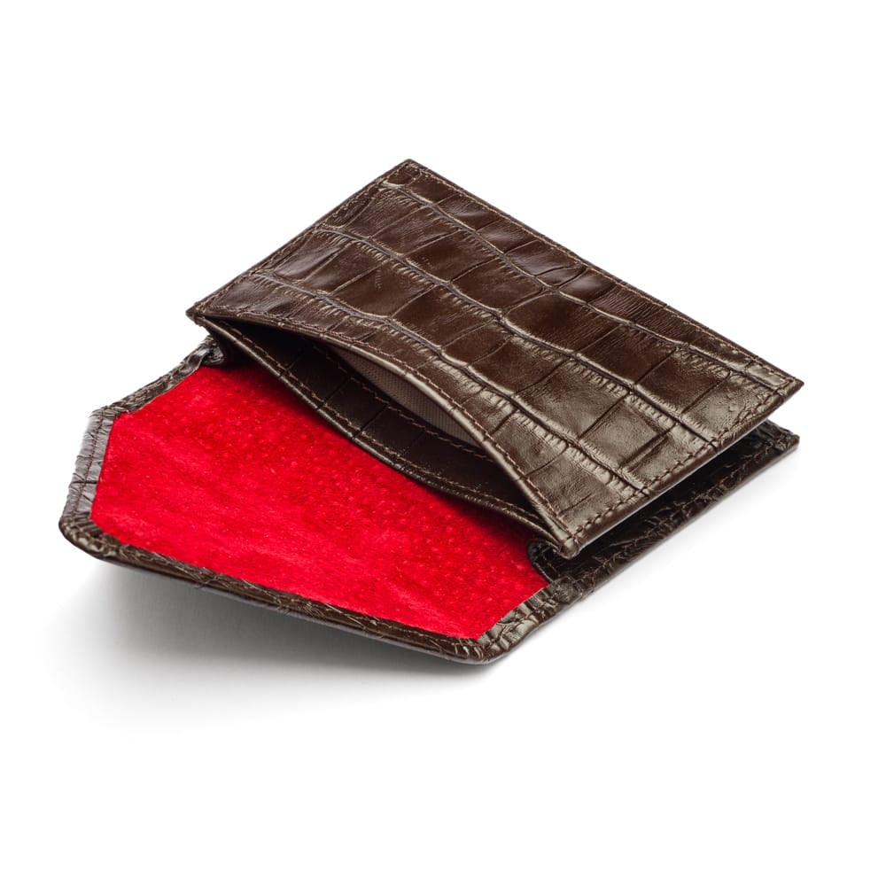 Leather business card envelope, brown croc, open