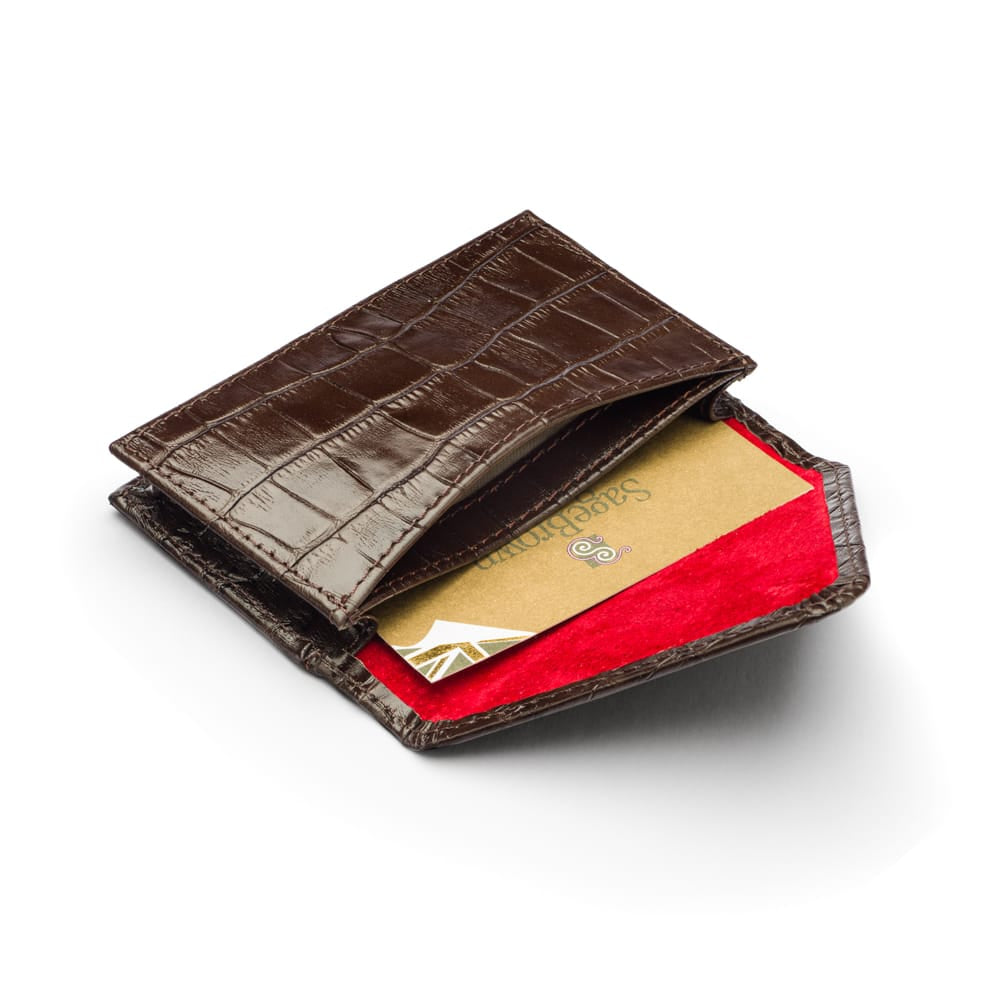 Leather business card envelope, brown croc, inside