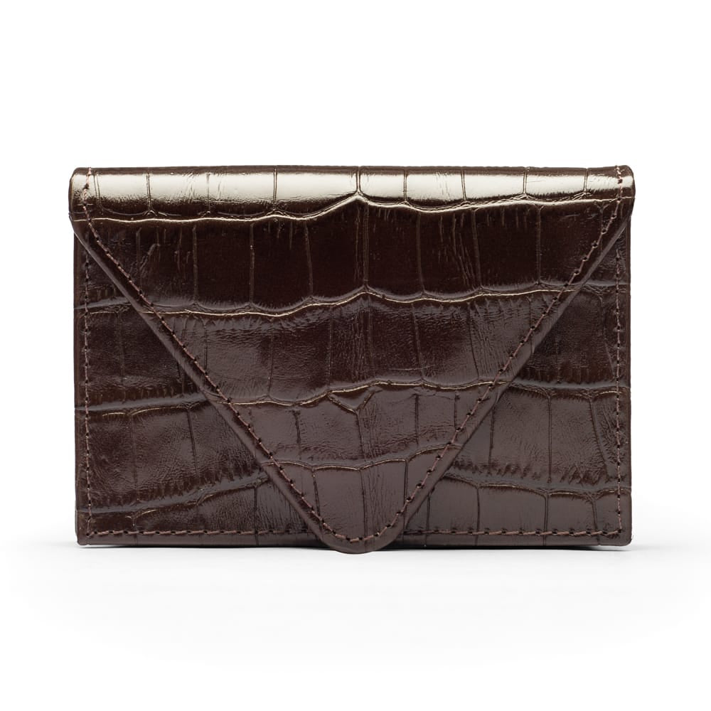 Leather business card envelope, brown croc, front