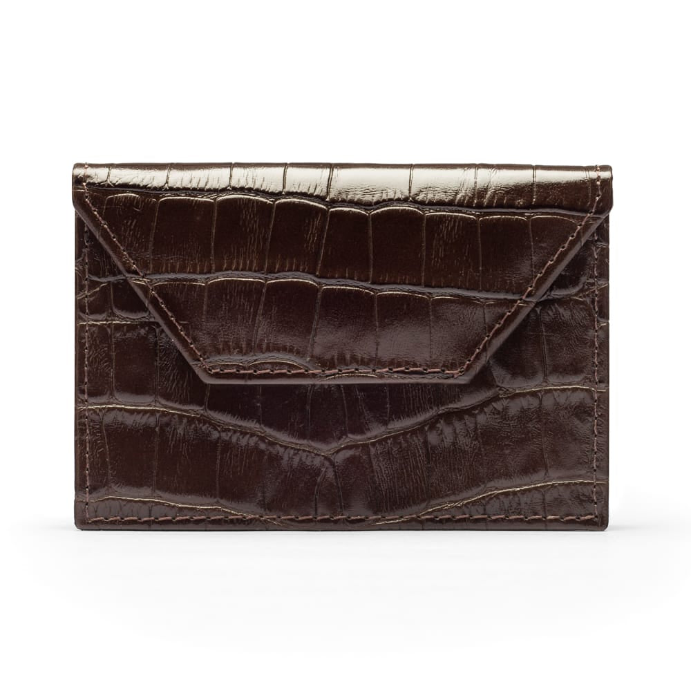 Leather business card holder, brown croc, front