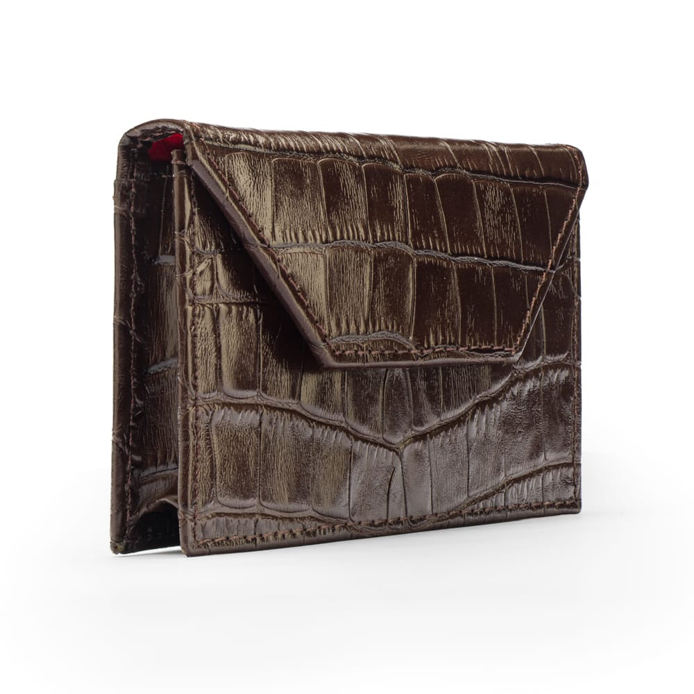 Leather business card holder, brown croc, side