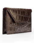 Leather business card holder, brown croc, side