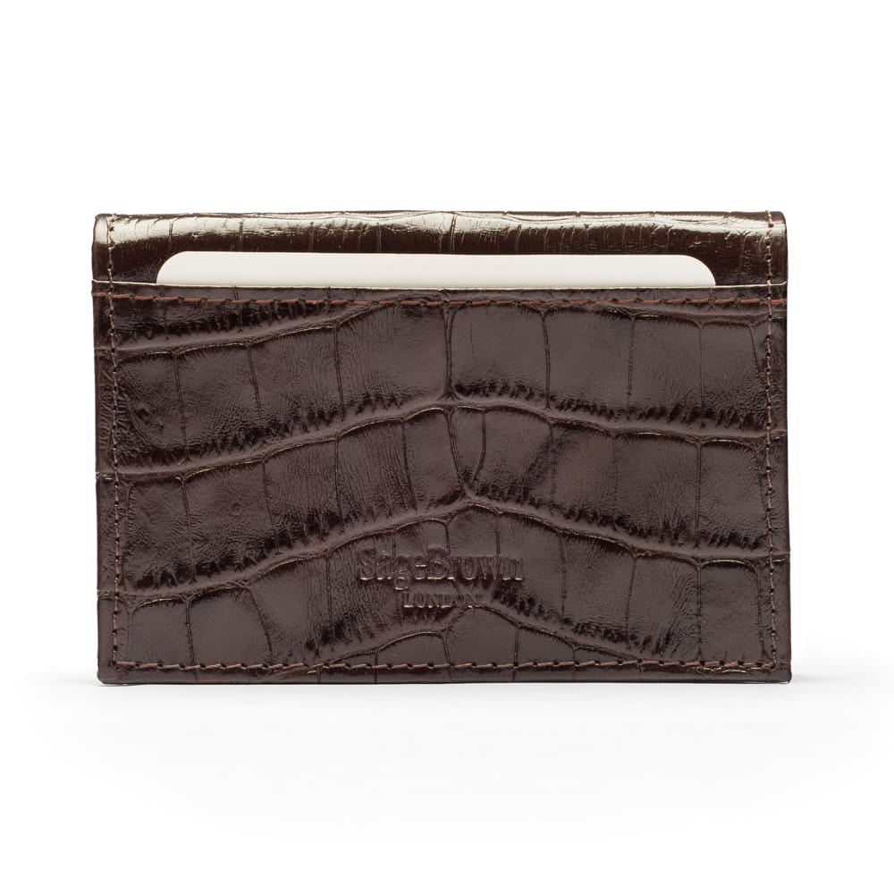 Leather business card holder, brown croc, back