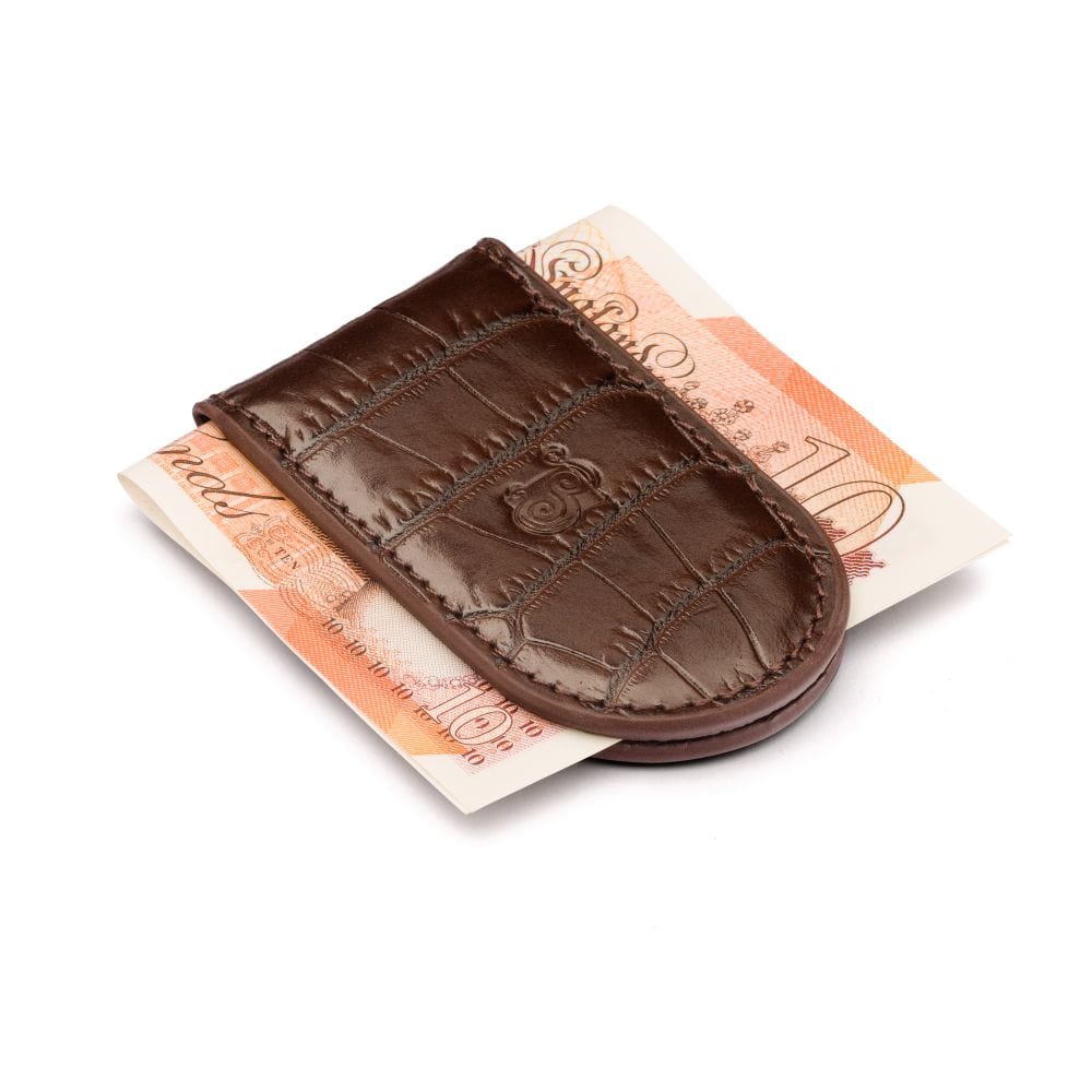Leather Magnetic Money Clip, brown croc, with cash