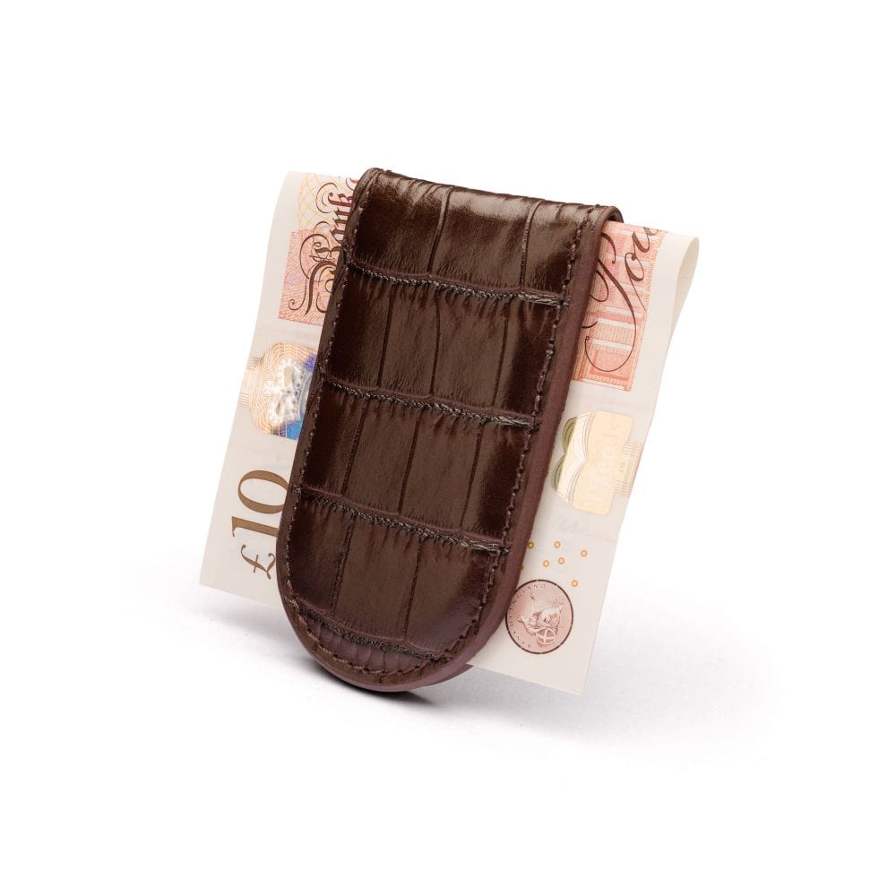 Leather Magnetic Money Clip, brown croc, back