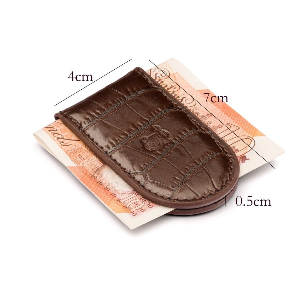 Leather Magnetic Money Clip, brown croc, dimensions