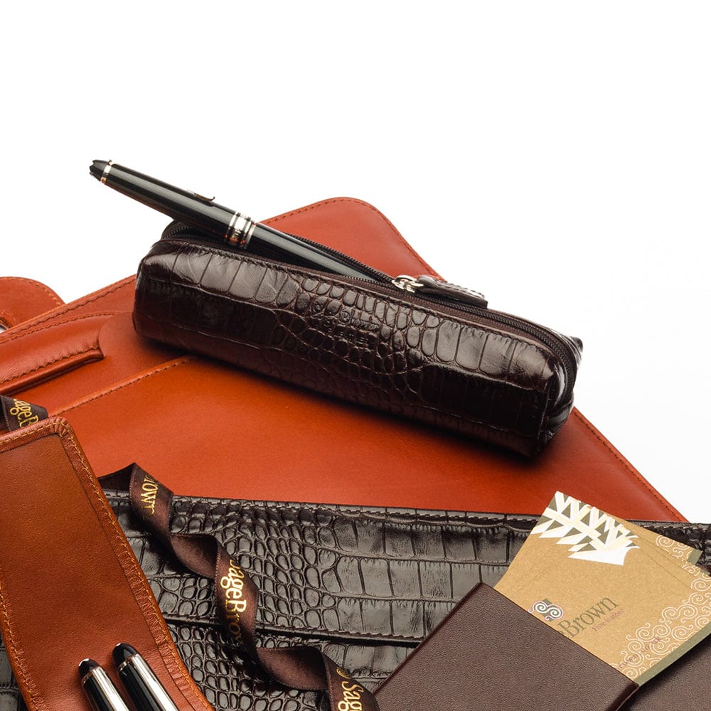 Leather pencil case, brown croc, lifestyle