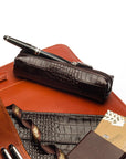 Leather pencil case, brown croc, lifestyle