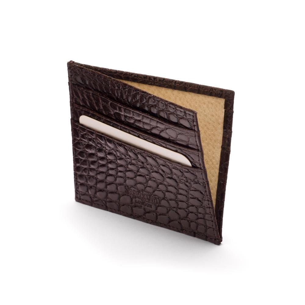 Leather side opening flat credit card case, brown croc, inside