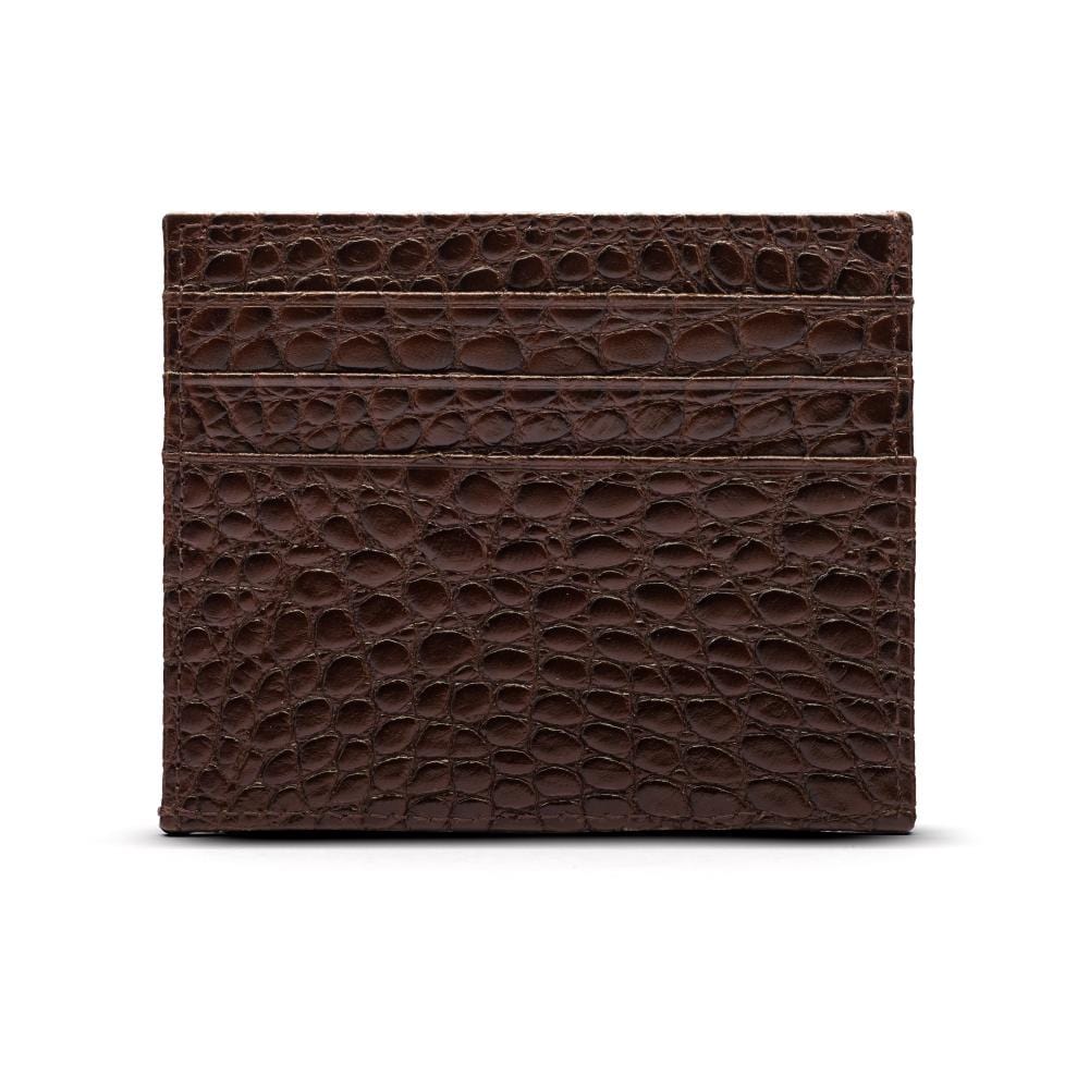 Leather side opening flat credit card case, brown croc, front