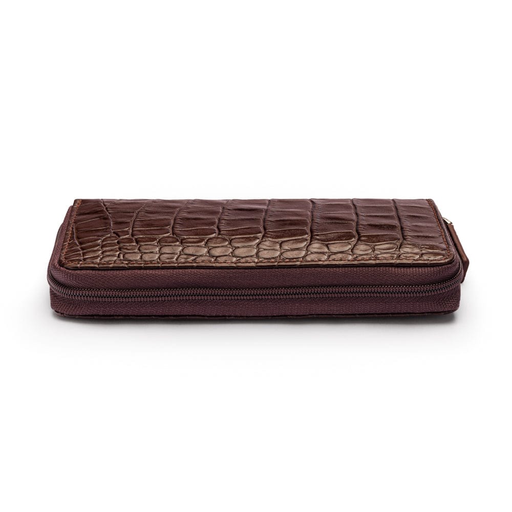 Leather zip around triple pen case, brown croc, zip