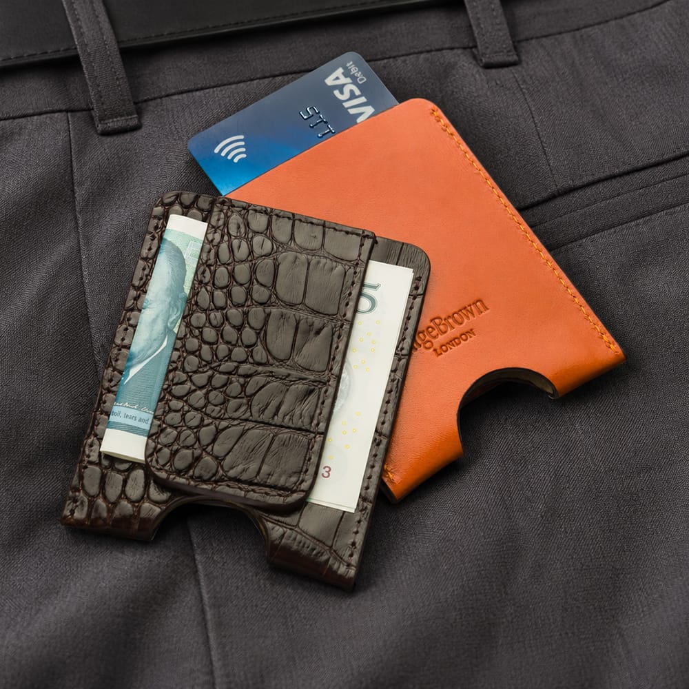 Flat magnetic leather money clip card holder, brown croc, lifestyle