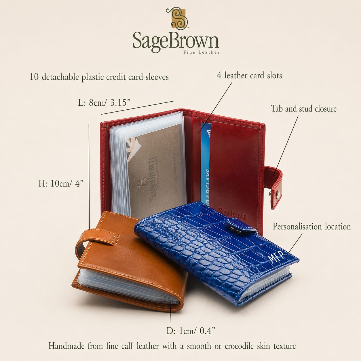 Luxury Leather Multiple Card Case with Plastic Inserts, features and dimensions