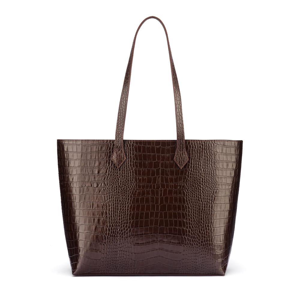 Luxury Leather Tote Bag and Shopper, Brown Croc, front