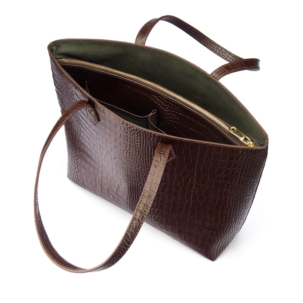 Luxury Leather Tote Bag and Shopper, Brown Croc, open