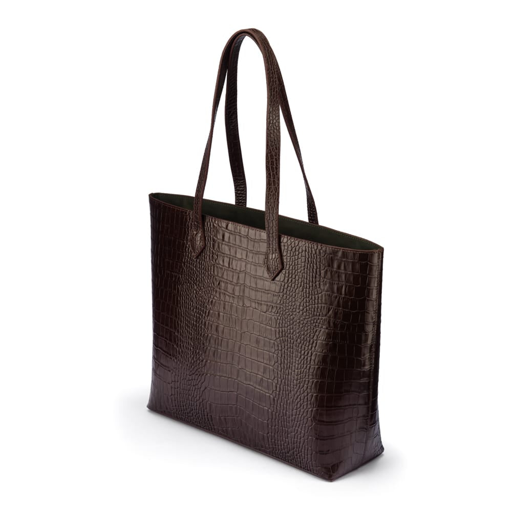 Luxury Leather Tote Bag and Shopper, Brown Croc, side view
