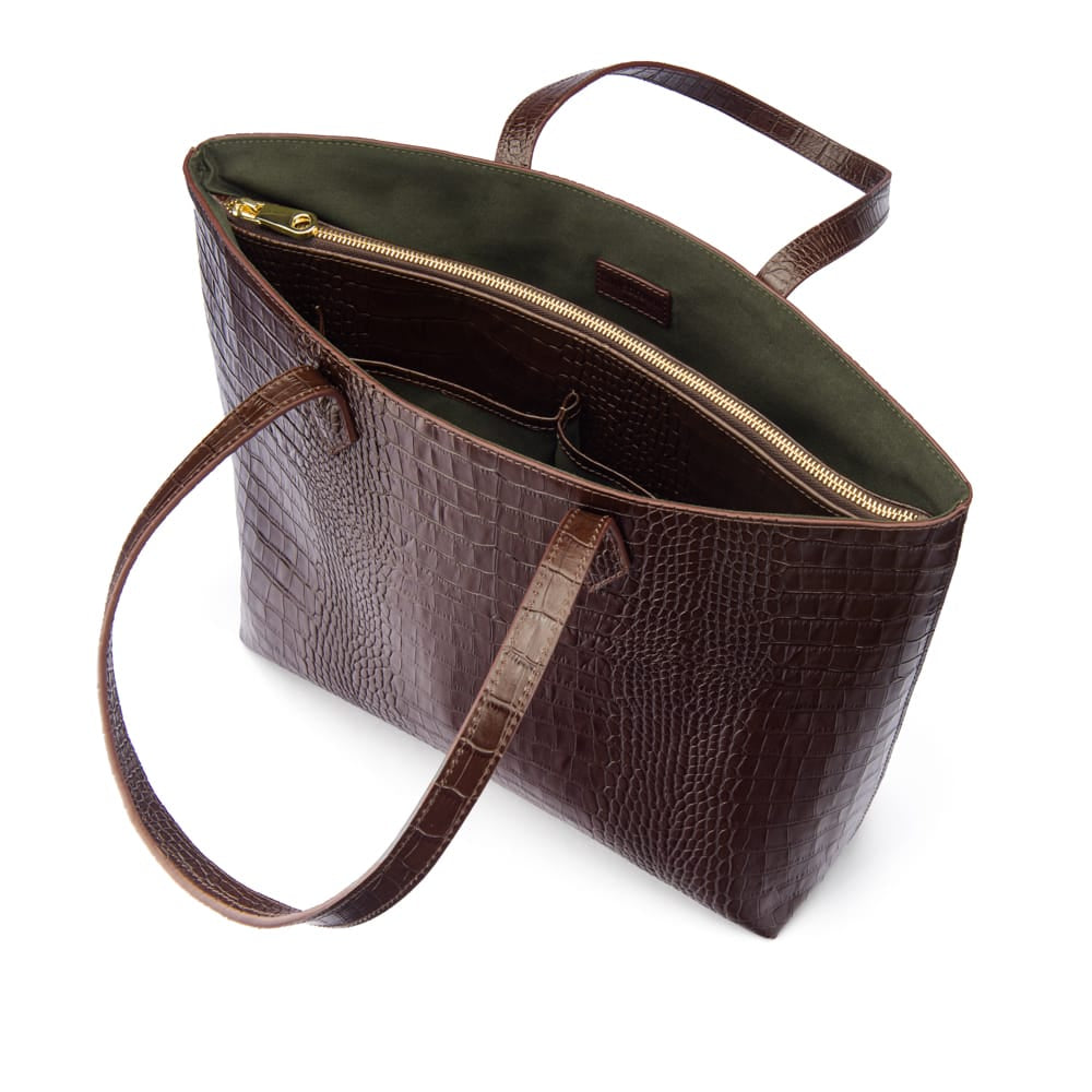 Luxury Leather Tote Bag and Shopper, Brown Croc, inside
