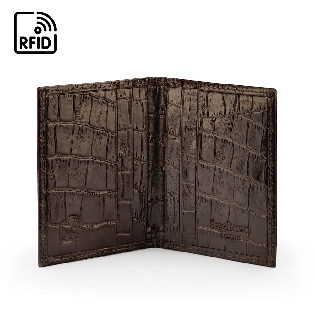 Premium Slim RFID Leather Credit Card Wallet, brown croc, inside