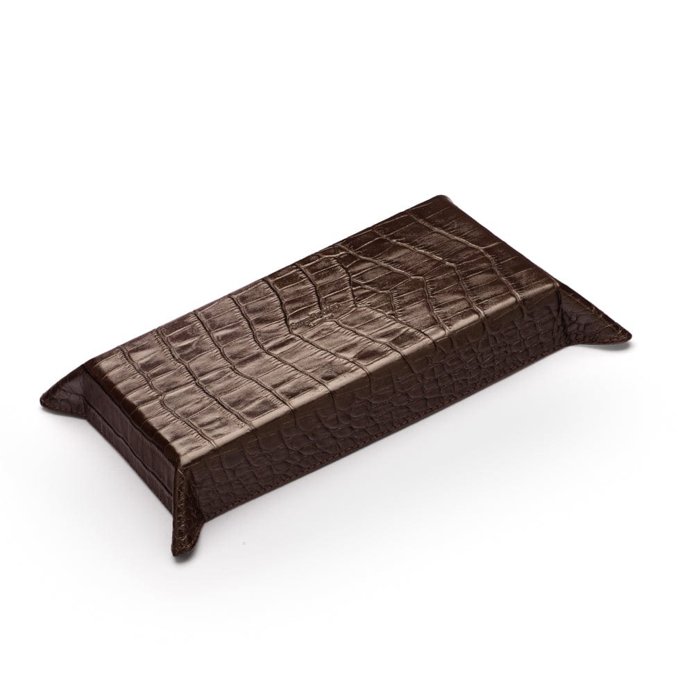 Rectangular leather valet tray, brown croc with red, base