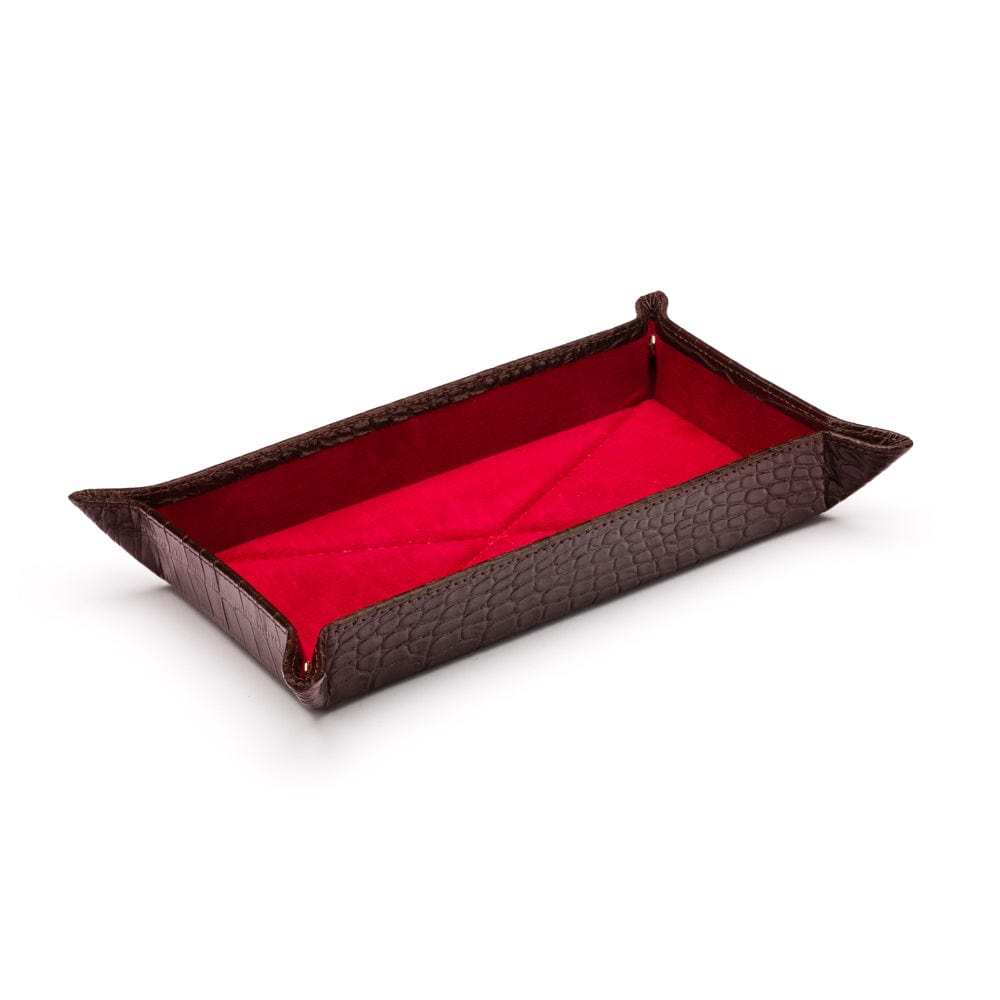 Rectangular leather valet tray, brown croc with red