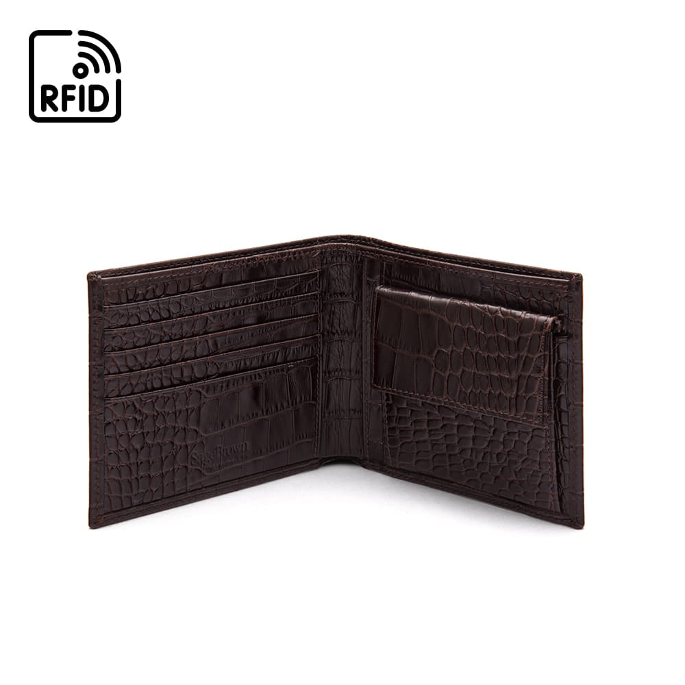 RFID leather wallet with coin purse, brown croc, open
