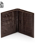 RFID compact leather billfold wallet 4 CC, brown croc, open

