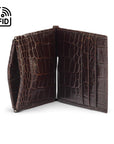 Leather money clip wallet with coin purse, brown croc, open