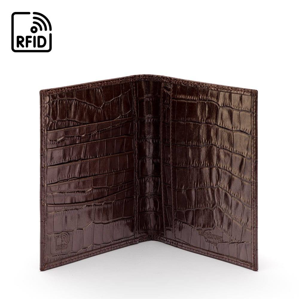RFID leather passport holder, brown croc, inside view