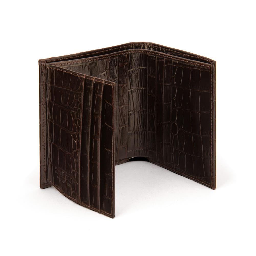 RFID leather wallet with ID, 9 CC, brown croc, open