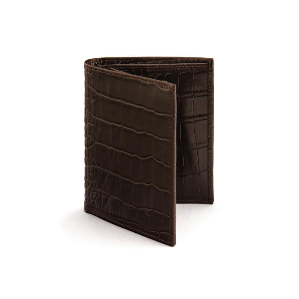 RFID leather wallet with ID, 9 CC, brown croc, front