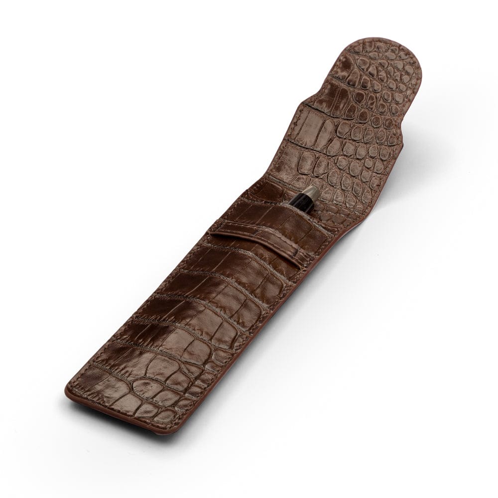 Single leather pen case, brown croc, open