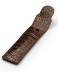 Single leather pen case, brown croc, open