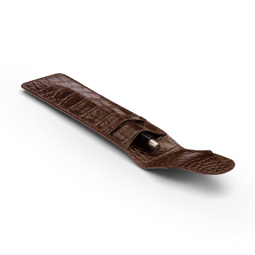 Single leather pen case, brown croc, inside