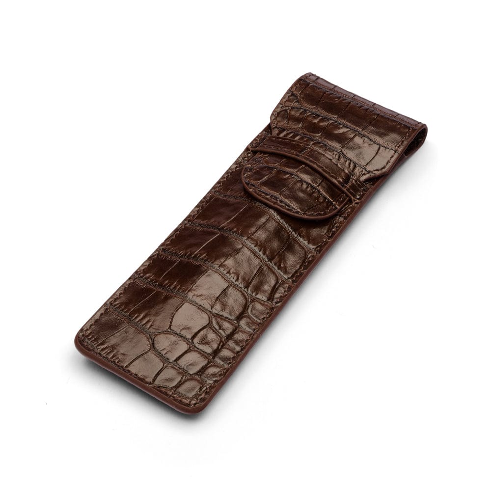 Single leather pen case, brown croc, front