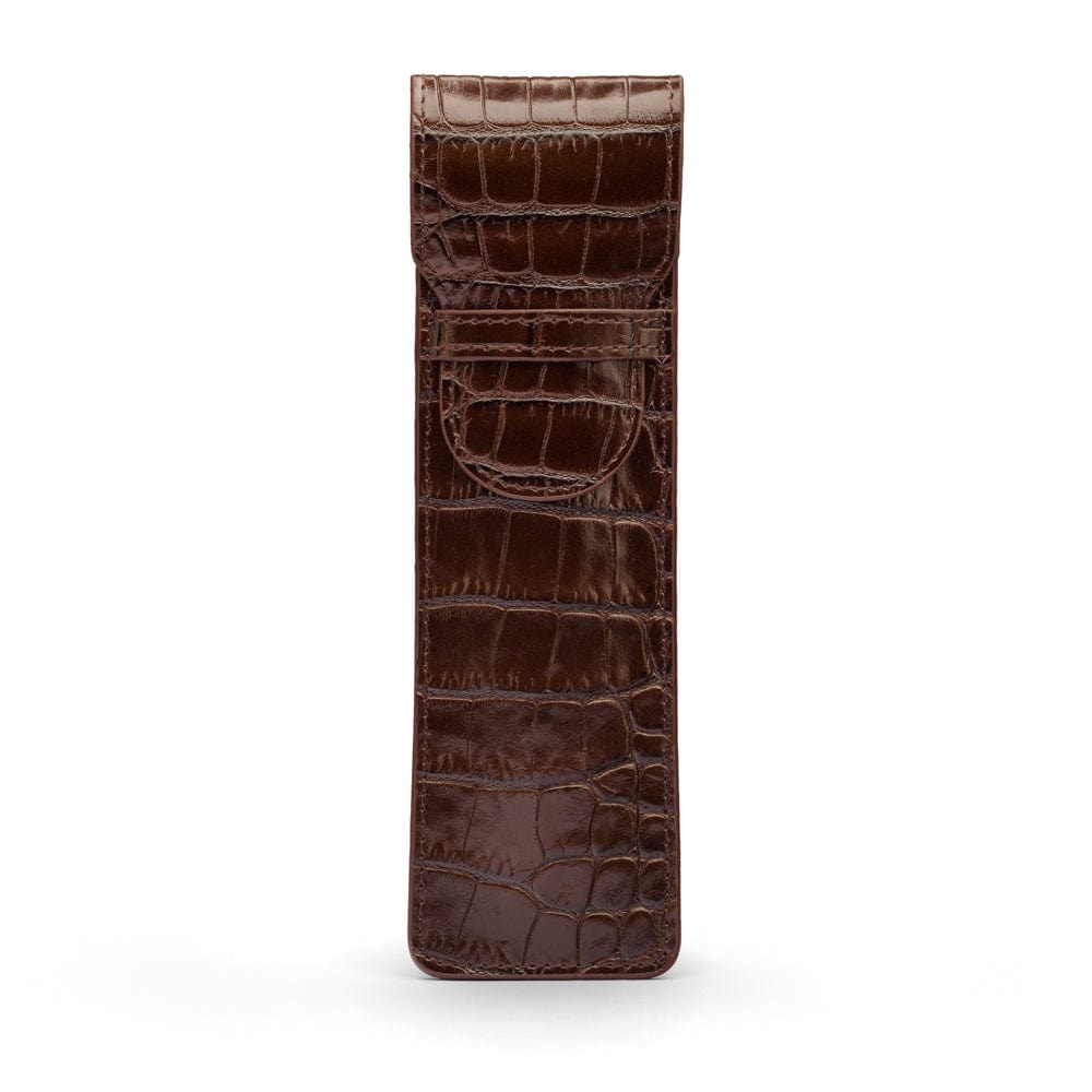 Single leather pen case, brown croc, front view