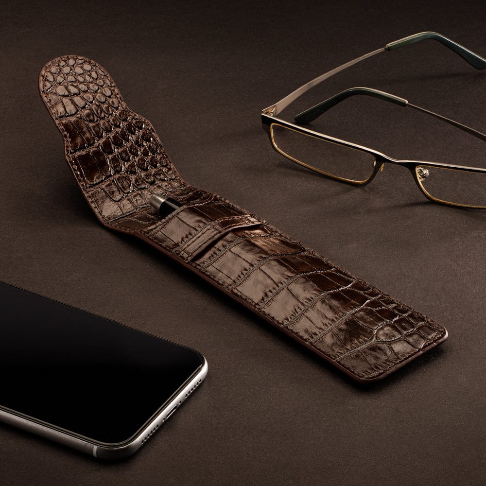 Single leather pen case, brown croc, lifestyle