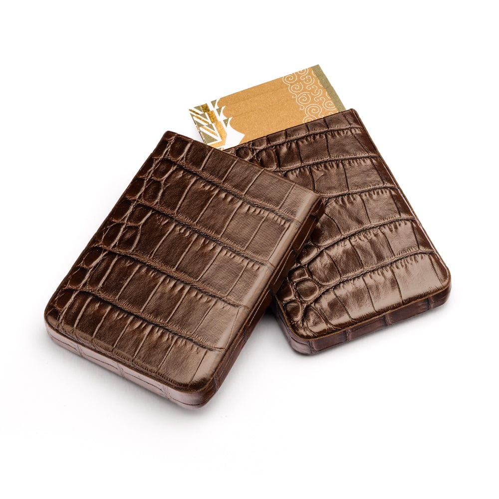 Pull apart business card holder, brown croc, open