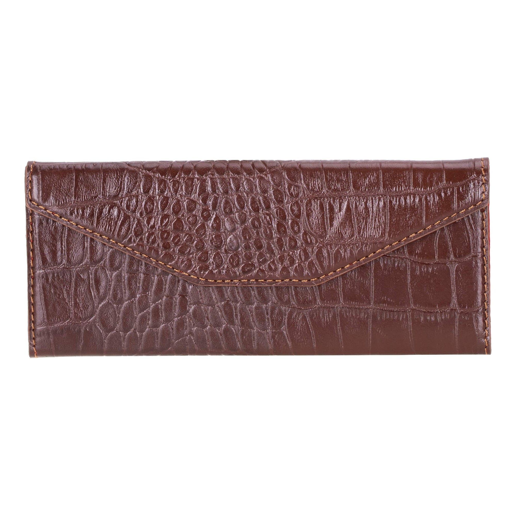 Triangular leather glasses case, brown croc, front