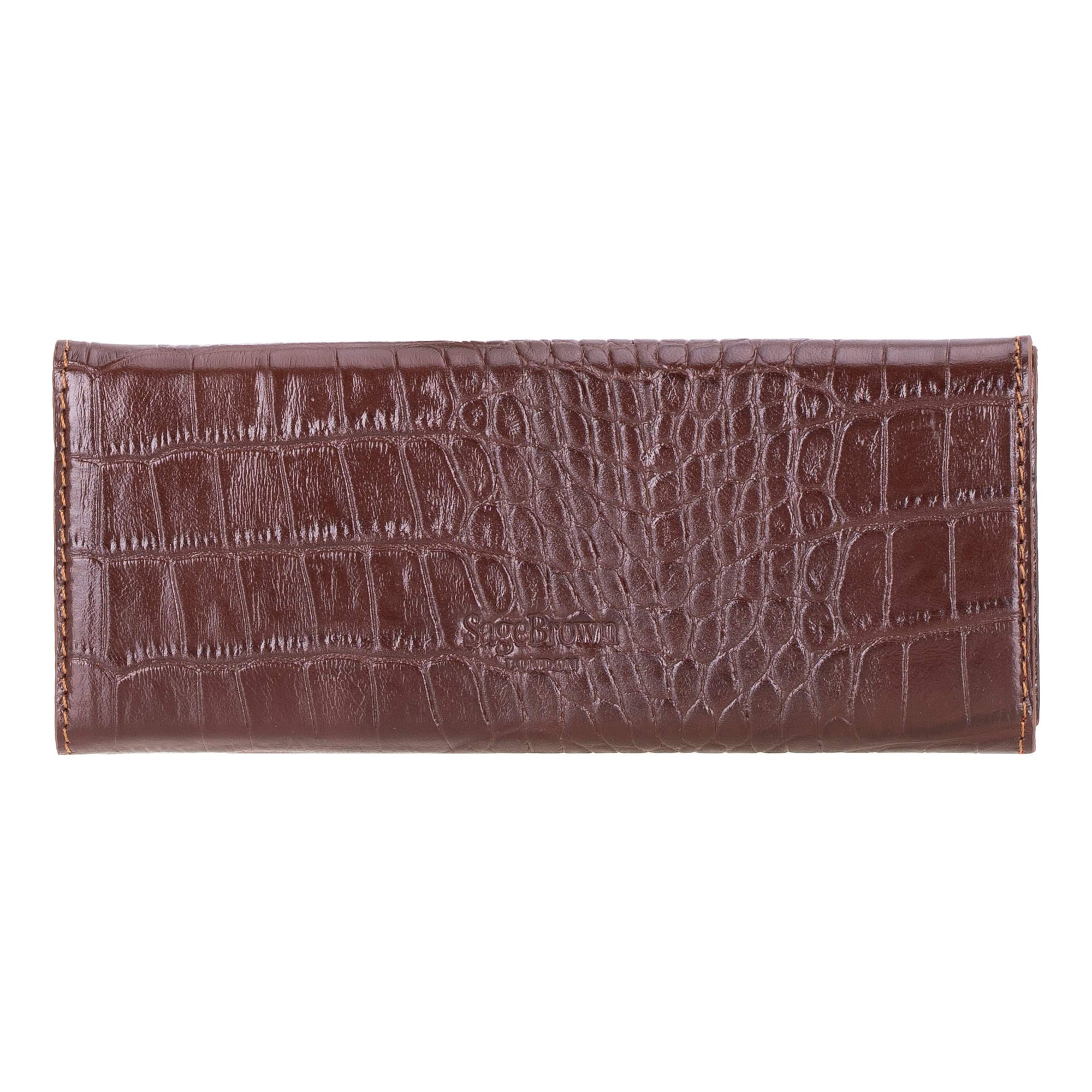 Triangular leather glasses case, brown croc, back