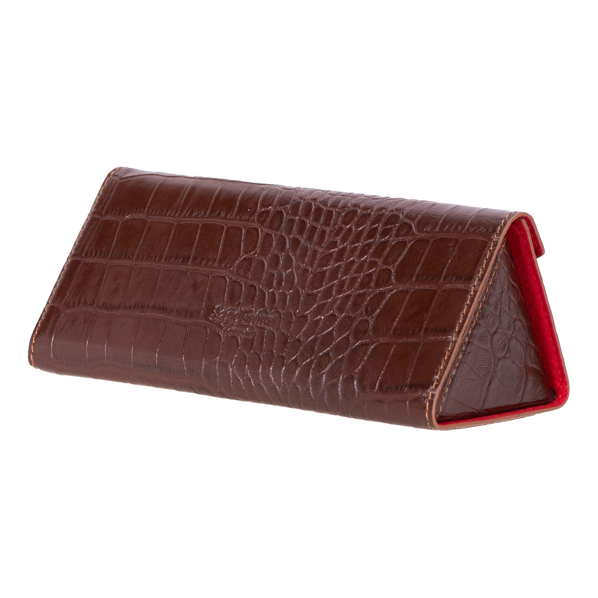 Triangular leather glasses case, brown croc, back side