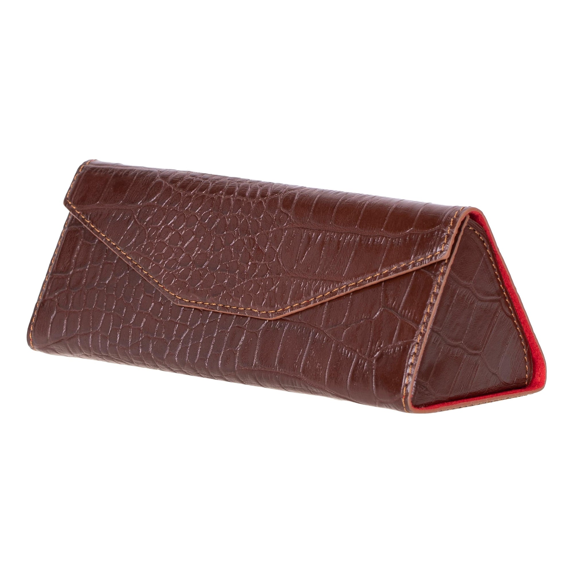 Triangular leather glasses case, brown croc, front side