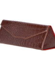 Triangular leather glasses case, brown croc, front side