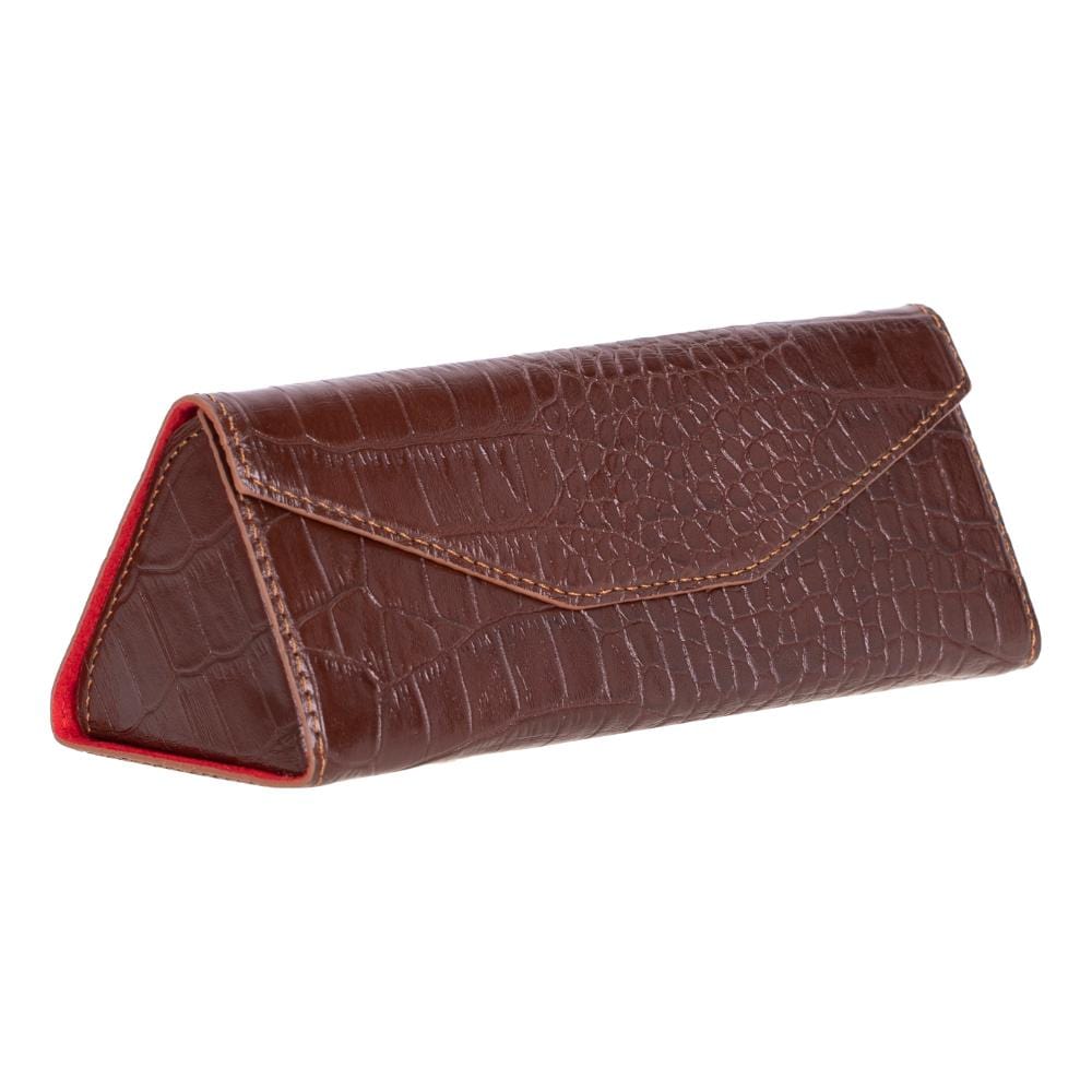 Triangular leather glasses case, brown croc, side view