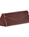 Triangular leather glasses case, brown croc, side view