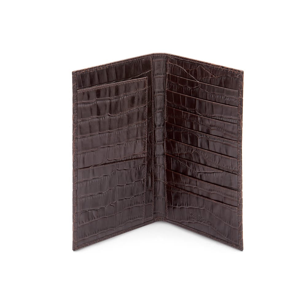 Slim tall leather suit wallet, brown croc, open
