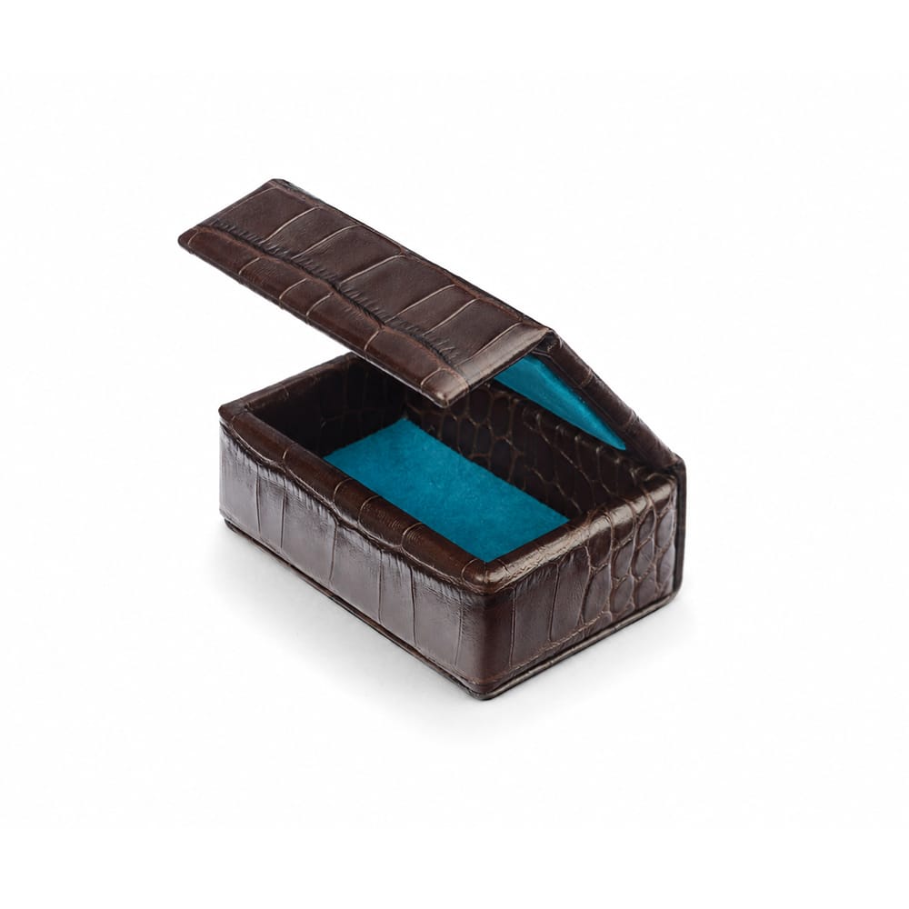 Miniature Leather Accessory Box - Brown Croc Effect With Blue, open
