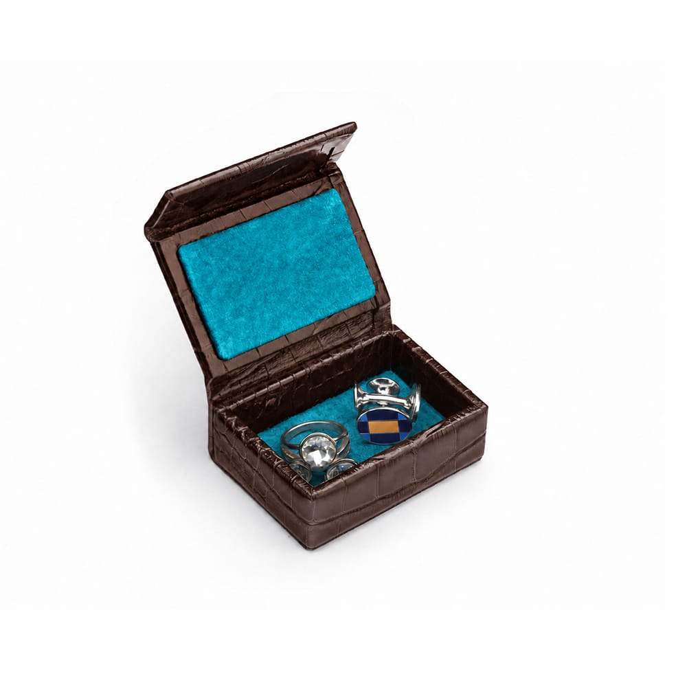 Miniature Leather Accessory Box - Brown Croc Effect With Blue, inside