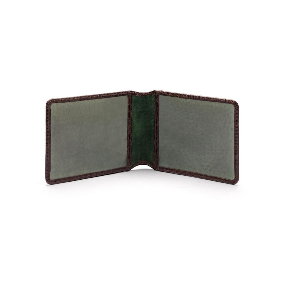 Leather Oyster card holder, brown croc with green, open